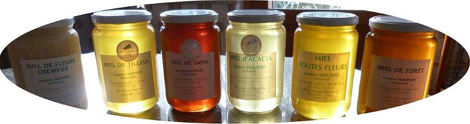 Photo des six variétés de miel en pots de 500 g: crémeux, tilleul, sapin, acacia, toutes fleurs et forêt - Agrandir l'image, .JPG 812 Ko (fenêtre modale)